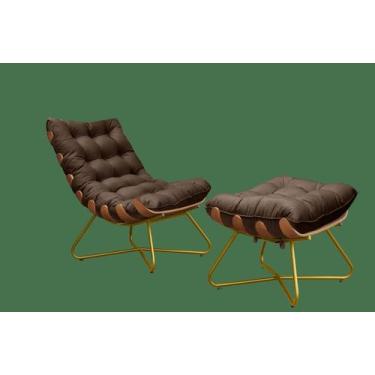 Imagem de Kit Poltrona Costela Puff Sala Pés Cruzados Dourado Marrom - Nerosinte