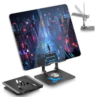 Imagem de SWAGKIND Suporte de tablet ajustável e dobrável para iPad Pro, suporte de monitor portátil com base giratória 360, adequado para acessórios de mesa de escritório de computador (preto)