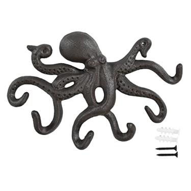 Imagem de Home-X Lindo porta-chaves de ferro fundido de polvo, porta-chaves decorativo para parede para um quarto com tema náutico, 20 cm C x 15 cm L x 3,5 cm A, marrom rústico