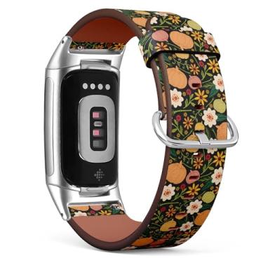 Imagem de Pulseira de relógio de couro de substituição compatível com Fitbit Charge 5/Fitbit Charge 6 (flores de Halloween, abóboras, ossos, feriado), pulseira para smartwatch para mulheres e homens