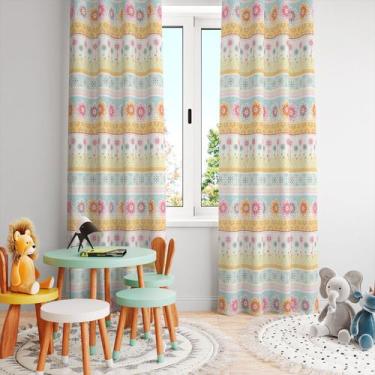 Imagem de Cortina Tecido Oxford Quarto Infantil Faixas e Flores CI25 - 280x220cm