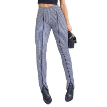 Imagem de Calças Skinny Xadrez Feminina Com detalhe em couro - Jacquard - Carola