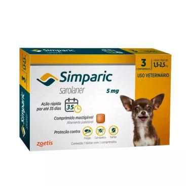 Imagem de Simparic Antipulgas e Carrapatos 5mg Para Cães 1,3 a 2,5kg 3 Comprimidos