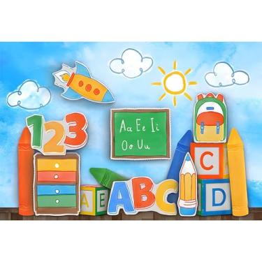 Imagem de Baocicco Pano de fundo de jardim de infância de desenho animado de 3 x 2,4 m para fotografia número 123 quadro negro bolsa escolar lápis foguete giz de cera sol fotografia fundo volta às aulas festa