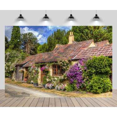 Imagem de CHNYWORK 2,1 m x 1,5 m vintage cenário de vila britânica retrô casa de pedra de tijolo antigo Inglaterra flores de rua primavera cenário de primavera tema de viagem europeu Reino Unido decoração de