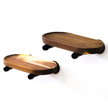 Imagem de Prateleiras flutuantes de parede de plantas ovais de acácia marrom escuro (pacote com 2). Pequena madeira natural. Montagem na parede para plantas de interior, decoração de parede decorativa de velas.