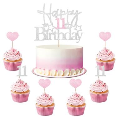 Imagem de Happy 11th Birthday Cake Topper, Girls 11th Birthday Cake Decoration Set, Silver&Pink Glitter Heart Number 11 Cake Picks for Girl Birthday, Girl Eleven Years Old Party Supplies