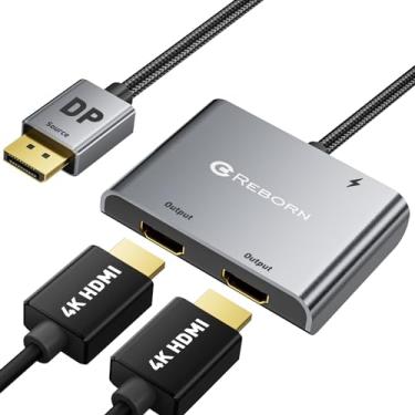 Imagem de Reborn Adaptador DisplayPort para HDMI duplo 4K a 60Hz Porta de exibição para HDMI divisor de saída 1 em 2 saídas para monitor duplo estendido, adaptador de fonte DP com PC, placa gráfica, HP e mais