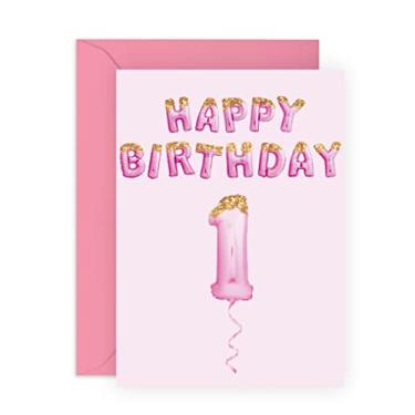Imagem de Cartão de aniversário de 1 ano menina - Cartão de aniversário de 1 ano para meninas - Cartão de primeiro aniversário menina - Balões de festa rosa - Presentes para Deus filha, neta, sobrinho - Vem com adesivos divertidos - Feito no Reino Unido pela Central 23