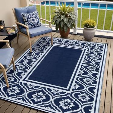 Imagem de Tapete de pátio HUGEAR externo 1,5 m x 20,3 cm à prova d'água, tapete de palha de plástico reversível azul para trailer, deck de acampamento, entrada, varanda, piquenique, varanda, praia