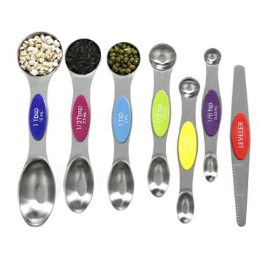 Imagem de Conjunto de colheres de medição magnéticas de aço inoxidável com nivelador, copos medidores multicoloridos e conjunto de colheres de cozinha utensílios essenciais para apartamento cabe em frascos de especiarias, colher de sopa de metal empilhável para assar