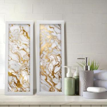 Imagem de Kit 2 Quadros Decorativos Lavabo Mármore Marmorizado Branco Dourado Mo
