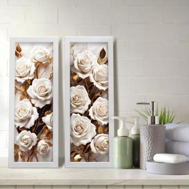 Imagem de Kit 2 Quadros Decorativos Lavabo Floral Flor Rosa Branco Dourado - Del