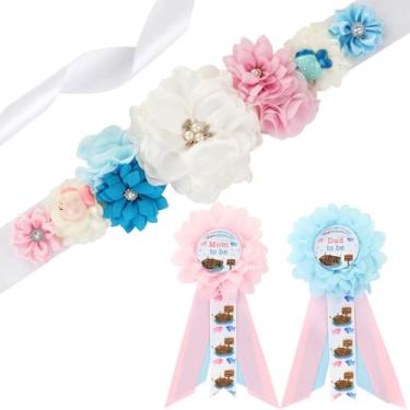 Imagem de JOYMEMO Kit de faixa de maternidade revelação de gênero rosa e azul - cinto de barriga para chá de bebê com tema de pesca e alfinetes de corsage para mãe e pai para ser, acessórios para fotos de pais