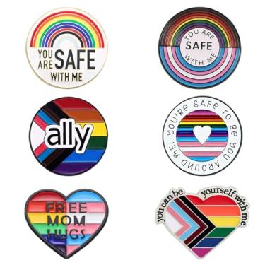 Imagem de Mintolex Conjunto de 6 peças LGBTQ+ Pride Pins Progress Pride Ally Pin Badges Botão Bandeira Rainbow Esmalte Broche You're Safe with Me Can Be Yourself Free Mom Hugs LGBT Gay Lesbian Trans Acessórios,