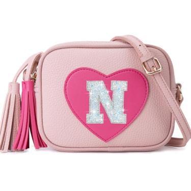 Imagem de OYLOLA Presentes de aniversário para meninas, inicial para meninas, bolsa infantil, bolsas infantis, presentes para meninas, bolsas de coração para meninas, rosa, N