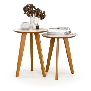 Imagem de Kit 2 Mesas De Canto Madeira Redonda Centro Sala Escritório Decoração (OffWhite/Freijo)