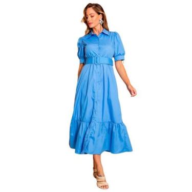 Imagem de Vestido feminino manga curta midi com cinto e saia evase em crepe eleg