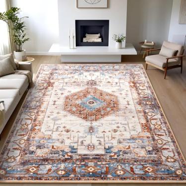 Imagem de Nuttumico Tapete lavável para quarto, tapete antiderrapante para sala de estar, tapetes boho retrô vintage, tapete com estampa de pilha baixa para sala de jantar, decoração de casa, laranja