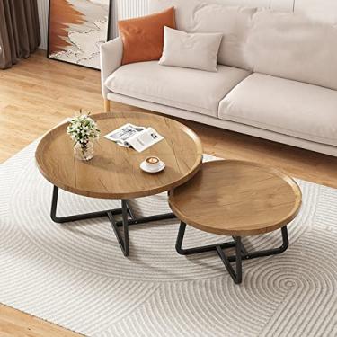 Imagem de Mesa de centro industrial redonda – mesas de café para sala de estar, mesa de chá moderna, mesa central para sala de estar, mesas de jantar para espaços pequenos, tronco, 1 conjunto 80 + 60