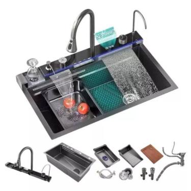 Imagem de Cuba Gourmet Multifuncional Inteligente Aço Inox 304 Preta 75x46x22cm Kit Completo Domum