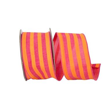 Imagem de Reliant Ribbon Fita de borda com fio de linho listrado largo, laranja/fúcsia