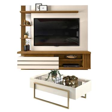 Imagem de Painel para TV Suspenso Bergamo e Mesa de Centro Petri Demolição Off White - Dj Móveis