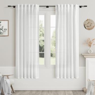 Imagem de Cortinas de linho branco 153 cm de comprimento para quarto, filtro de luz traseira, privacidade, cortinas transparentes, casa de fazenda, decoração costeira, cortina de gaze texturizada de algodão