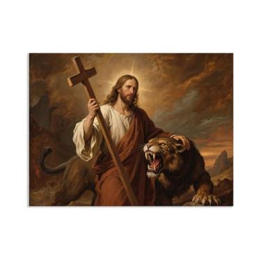 Imagem de Arte de parede em tela Jesus e Cordeiro, Jesus Doma o Leão de Judá, Cristão Jesus Rei Leão Impressão Pôster Pintura Religiosa Arte Igreja Decoração de Parede Imagens 80 x 60 cm (32 x 24 polegadas) Sem