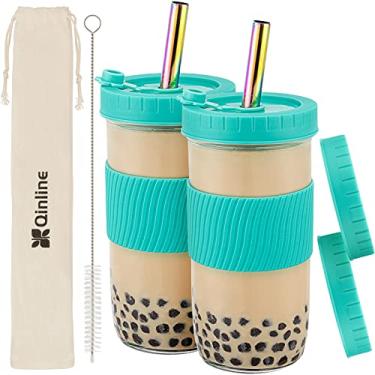 Imagem de Copo de chá reutilizável Boba Cup Bubble Tea Cup, 2 pacotes, 680 g de boca larga com tampa, manga de silicone e canudos largos angulares, frascos de vidro à prova de vazamento para garrafa de água potável, copo de viagem para grande pérola