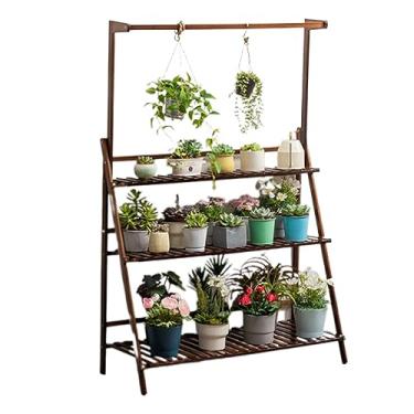 Imagem de WYUYIWH Suporte suspenso para plantas, 2 camadas, escada, flor, treliça, madeira, vaso de madeira, prateleira para vários vasos para janela, varanda, sala de estar, escada