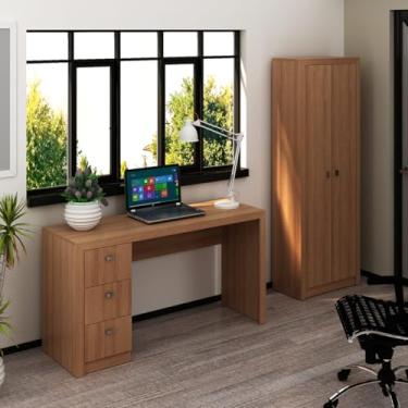 Imagem de Kit Mesa Escritório com Armário Multiuso 2 Portas 2 Peças Amêndoa Tecnomobili