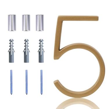 Imagem de Número de casa flutuante com números modernos de 12,7 cm, número de endereço residencial de liga de zinco Deamos para casa com acabamento refletivo, montagem flutuante de latão ou montagem embutida