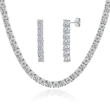 Imagem de MDFUN Conjunto de joias de tênis, conjunto de brincos e colar de tênis, banhado a ouro branco 18K, corrente de tênis de diamante sintético com corte de zircônia cúbica redonda de 3/4/5 mm para