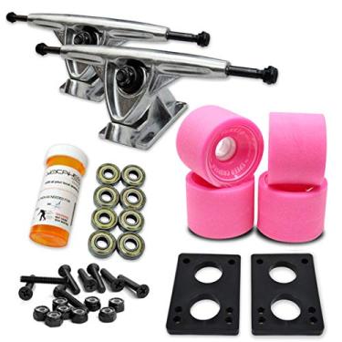 Imagem de Yocaher Conjunto de caminhões de skate Longboard, rodas de 71 mm + 180 mm de alumínio resistente, caminhões polidos, rolamentos, riser e pacote de ferragens Longboard (roda rosa sólida e caminhões