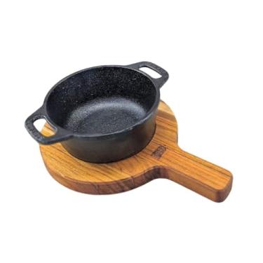 Imagem de Cumbuca De Ferro Fundido com Suporte Madeira Conjunto Molheira Caldos Petisco Salgados Porções Sopa