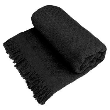 Imagem de Decolab Manta para Sofá em Algodão com Franjas Artesanais | Cobertor Decorativo para Sofa, Poltrona e Cama | Estilo Boho Chic (Preto)