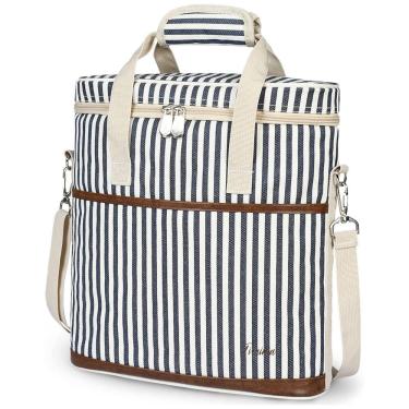 Imagem de Bolsa Térmica Para Transporte de Vinhos Tirrinia até 3 Garrafas, Branca e Listras Azuis