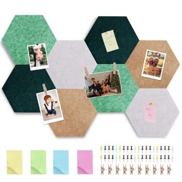 Imagem de Vuzvuv 8 peças de quadro de avisos hexagonais com 50 pinos e 10 grampos de madeira placa adesiva de cortiça para parede, placa de feltro para escola, decoração de escritório (verde marrom)