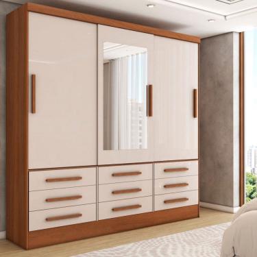 Imagem de Guarda-Roupa Casal Maragogi 3 Portas 9 Gavetas com Espelho Cinamomo/Off White - Panorama Móveis