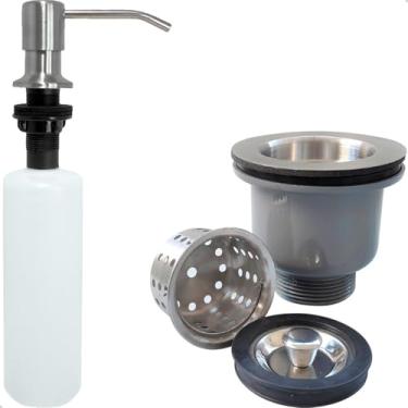 Imagem de Dona D Cor, Valvula Pia Cozinha 3 1/2 E Dispenser Dosador Detergente 500ml Kit Inox Ralo Basket Com Cesto Higienico Escoamento Cuba