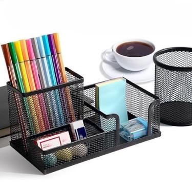 Imagem de Porta Lápis + Porta Treco Organizador de Mesa de Escritório Kit caneta metal aramado