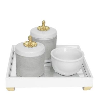Imagem de Kit Higiene Bebê Bandeja Espelho Porcelana Provençal Dourado - Potinho