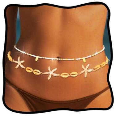 Imagem de Urieo Corrente de cintura com contas, joia de corpo de ouro, estrela-do-mar, correntes de barriga em camadas para mulheres (pacote com 2), Total length 102cm /40.1in, liga metálica, Liga metálica.