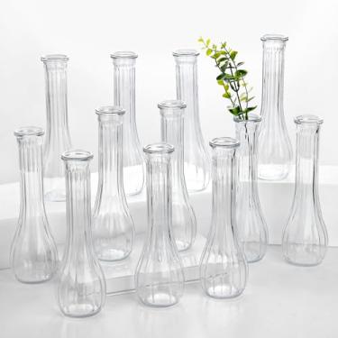 Imagem de Vasos de vidro para centro de mesa, 12 peças pequenos vasos de flores transparentes com nervuras para casamentos, festas, decoração de casa (21,6 cm de altura, conjunto a granel) - Vaso de mesa