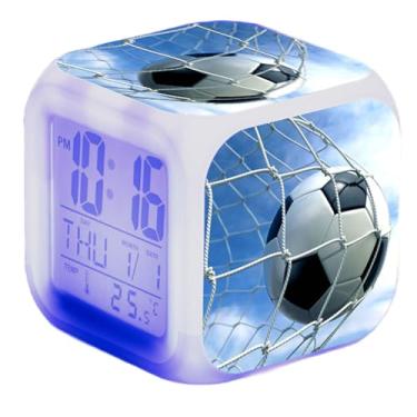Imagem de Relógio de futebol, despertador digital cubo de 8 cm com luz noturna colorida, exibe data, hora e temperatura, decoração de cabeceira com tema de futebol para quarto de meninos, estilo 2