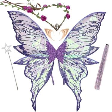 Imagem de RENEMEGO Conjunto de asas de fada para mulheres adultas - 5 peças asas de borboleta orelhas de elfo flor coroa de cabelo de fada tinsel estrela varinha para mulheres adultos, Roxa, Tamanho Único