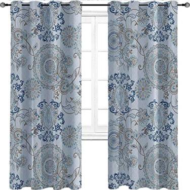 Imagem de Cortina blackout paisley, design paisley floral azul claro aquarela, tratamento de sombreamento completo, cortina de isolamento de cozinha, L 150 x C 182 cm azul-petróleo e branco-X