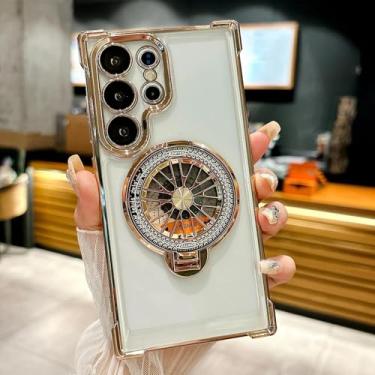 Imagem de Suporte giratório para giroscópio com revestimento magnético, transparente, com carregamento sem fio e capa à prova de choque (para Samsung S25Plus/dourado)