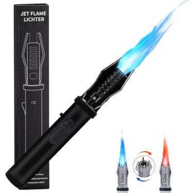 Imagem de Isqueiro de tocha, isqueiro de butano à prova de vento com trava de segurança e chama vermelha/azul ajustável, isqueiro recarregável para velas, churrasqueira, lareiras, cozinha, presente (gás butano